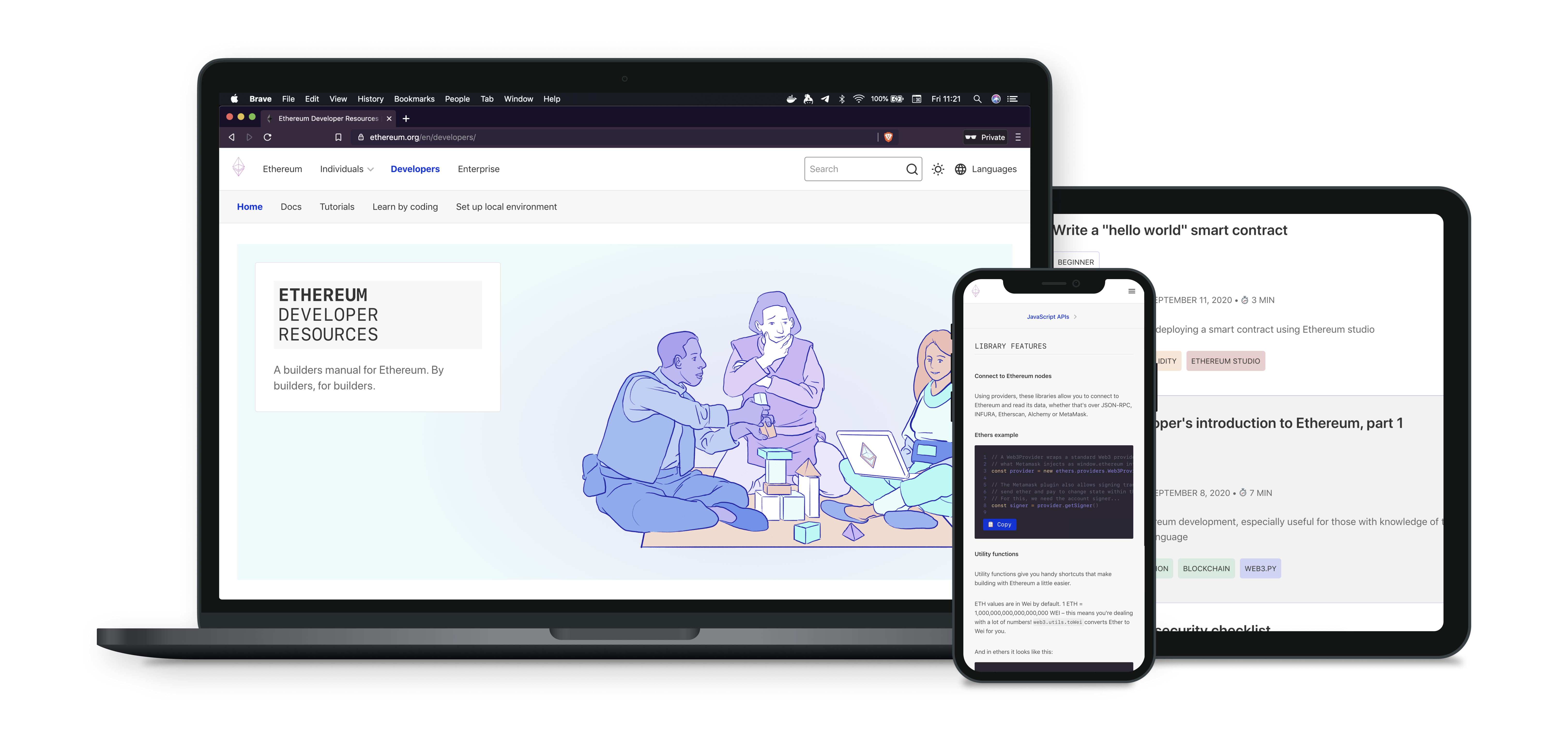 The new ethereum.org developer portal on  different devices
